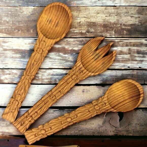 Ornate Carved Olive Wood Fork Spoons Serving Set - Picture 1 of 16